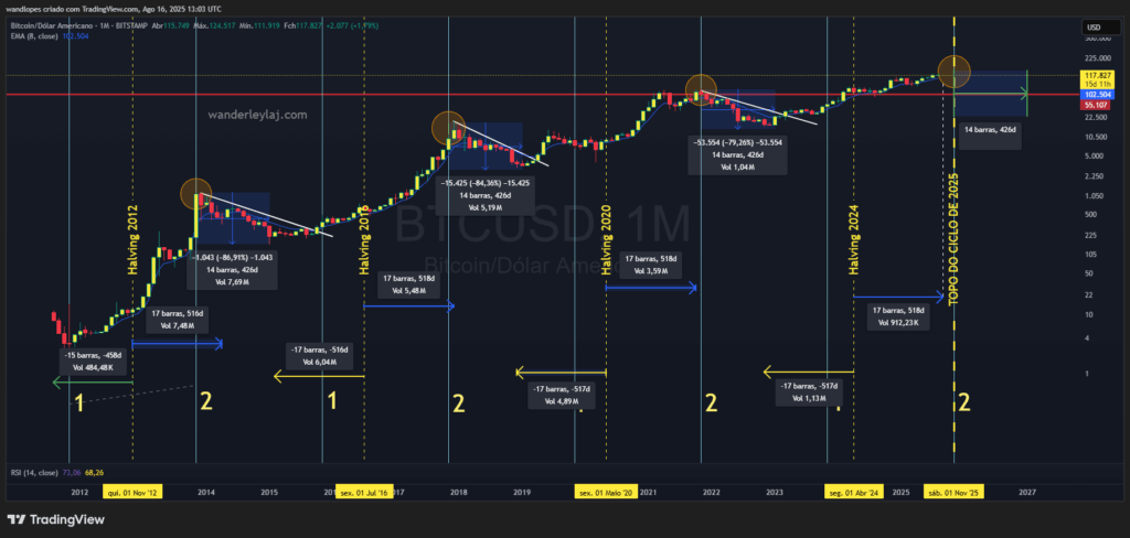 Gráfico mensal do Bitcoin com estudo de ciclo de mercado do Prof. Wanderley LAJ