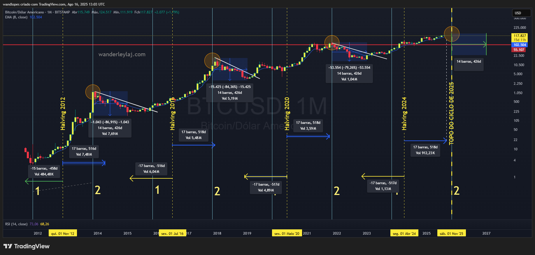 Gráfico mensal do Bitcoin com estudo de ciclo de mercado do Prof. Wanderley LAJ